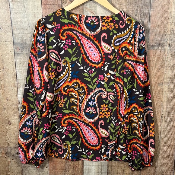 Belle Boho Kim Gravel Brown Paisley Blouse L Boho Floral Top Long Sleeve Office - Picture 6 of 6